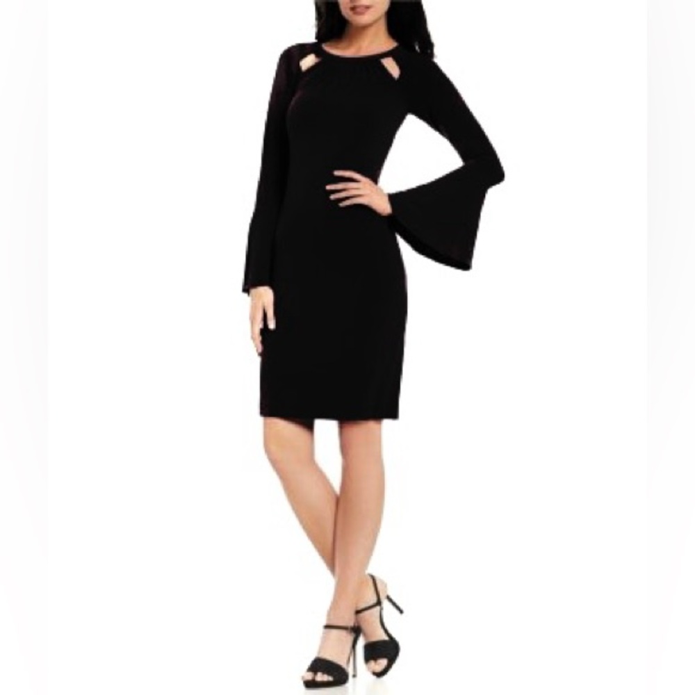 Calvin Klein Black Cutout Bell Sleeve Sheath Dress Jersey Black Gold Zip Size 14